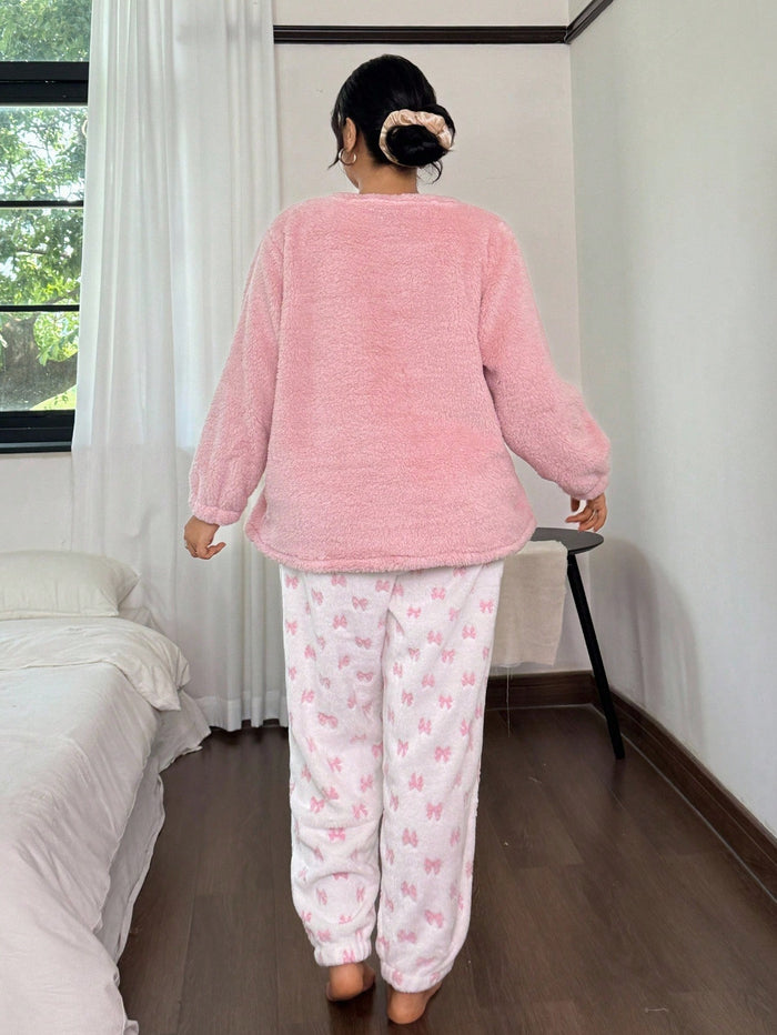 Women Pink Fleece Bow Pajama Set