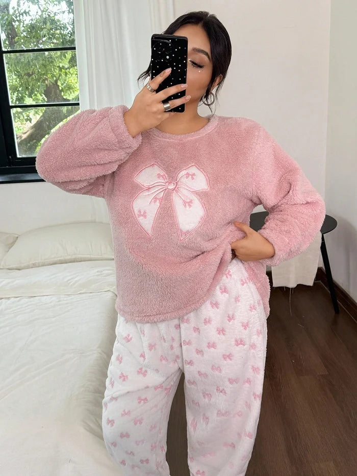 Women Pink Fleece Bow Pajama Set