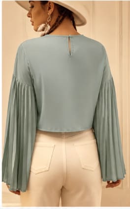 Women Pleated Sleeve Blouse – Elegant Wide Sleeve Casual Chic Top