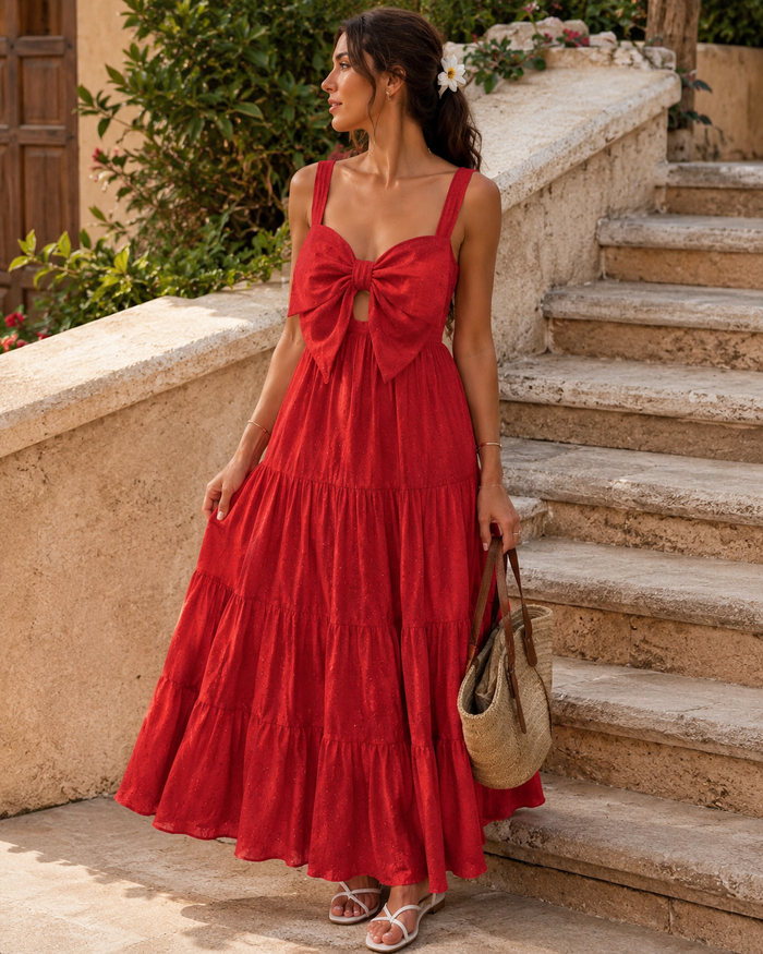 Women Red Bow Front Sleeveless Maxi Dress