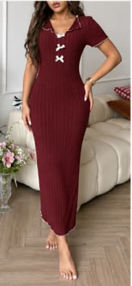 Women Ribbed Home Dress – Burgundy Long Lounge Dress with Bow Detail – Soft Cozy Maxi Dress