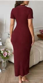 Women Ribbed Home Dress – Burgundy Long Lounge Dress with Bow Detail – Soft Cozy Maxi Dress