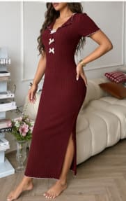 Women Ribbed Home Dress – Burgundy Long Lounge Dress with Bow Detail – Soft Cozy Maxi Dress