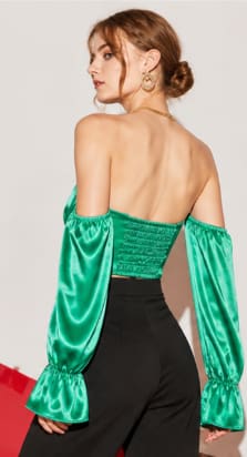 Women Satin Off Shoulder Blouse – Elegant Puff Sleeve Crop Top