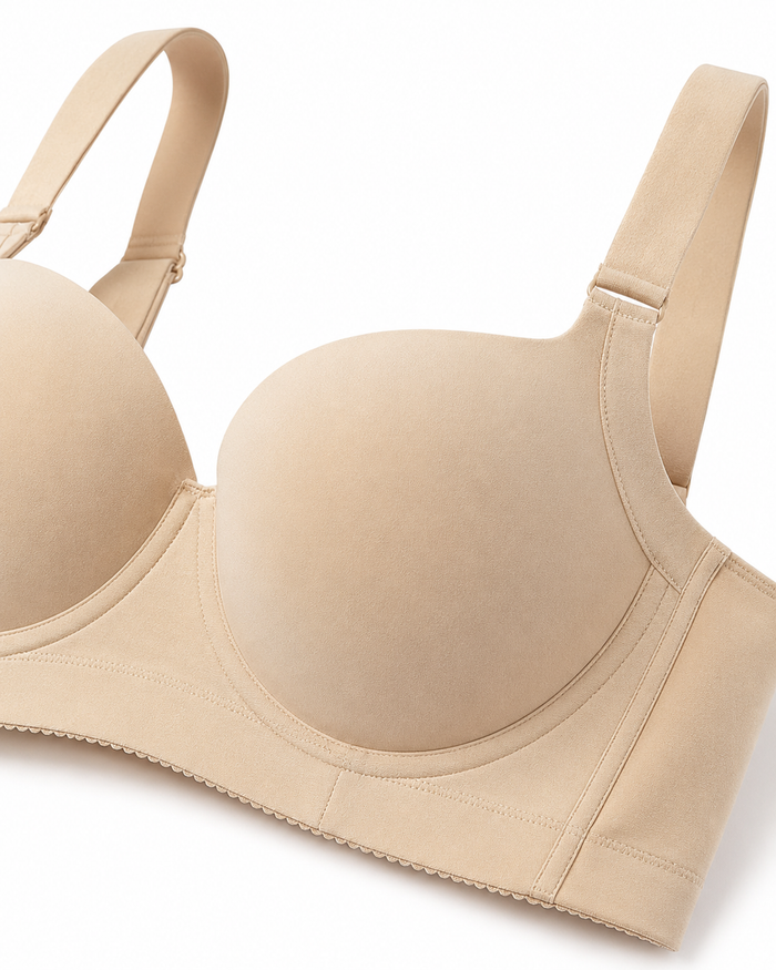 Women’s Beige Full Coverage Bra, Wide Strap Supportive Underwear with Smooth Padded Cups