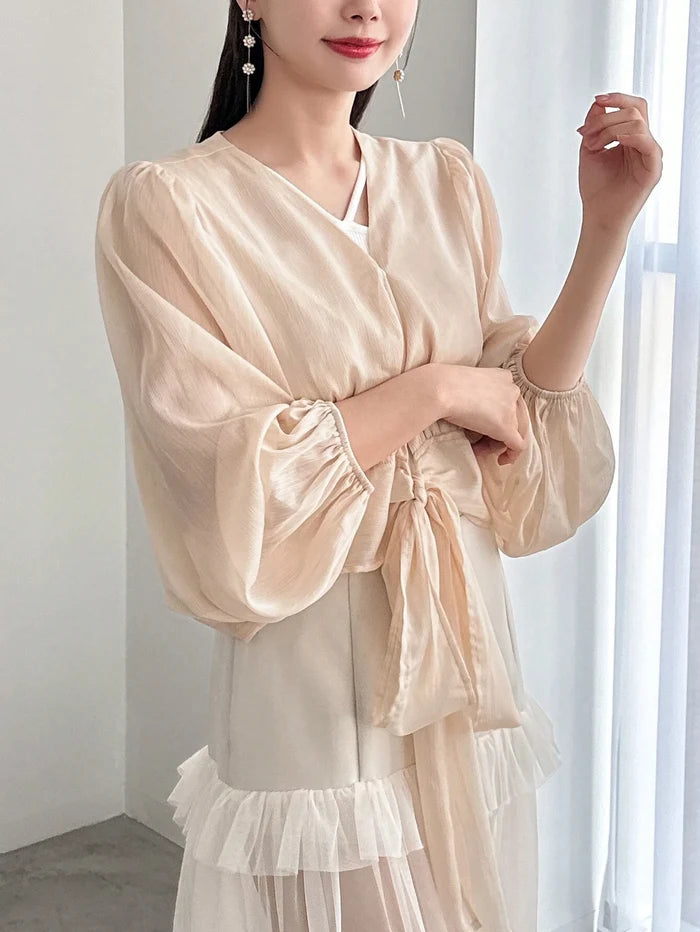 Women’s Beige Tie Front Balloon Sleeve Blouse