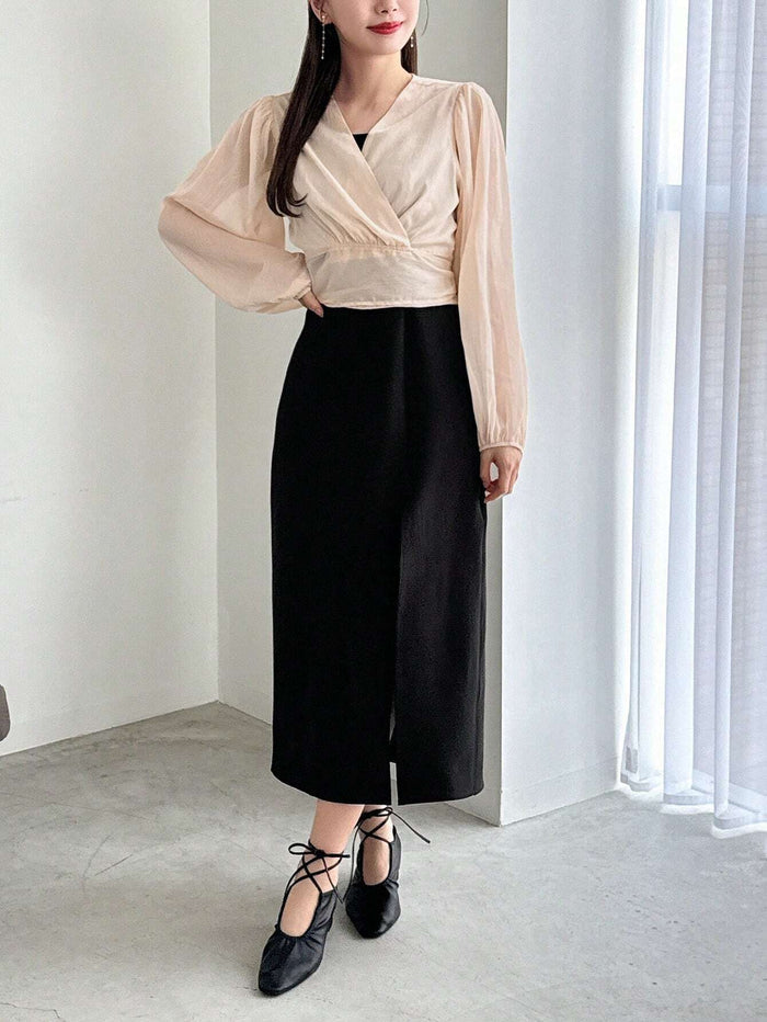Women’s Beige Tie Front Balloon Sleeve Blouse