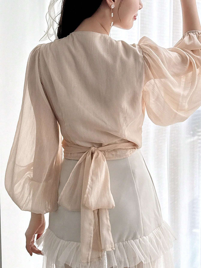Women’s Beige Tie Front Balloon Sleeve Blouse