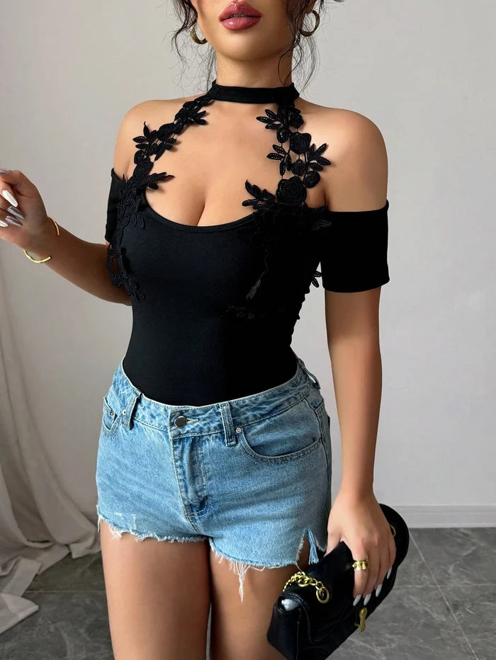 Women’s Black Floral Lace Halter Off Shoulder Bodysuit Top