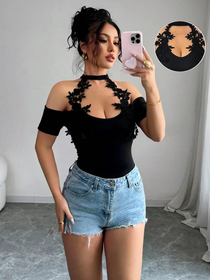 Women’s Black Floral Lace Halter Off Shoulder Bodysuit Top