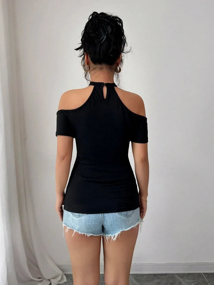 Women’s Black Floral Lace Halter Off Shoulder Bodysuit Top