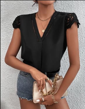 Women’s Black Lace Sleeve V-Neck Blouse – SHEIN Fast Delivery in 5 Days