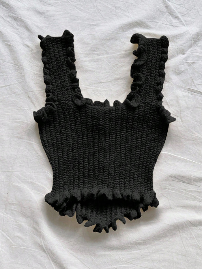 Women’s Black Ruffle Knit Crop Tank Top
