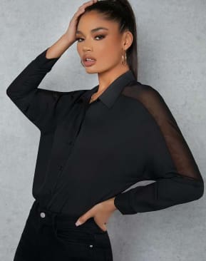 Women’s Black Sheer Sleeve Button Blouse – SHEIN Fast Delivery in 5 Days