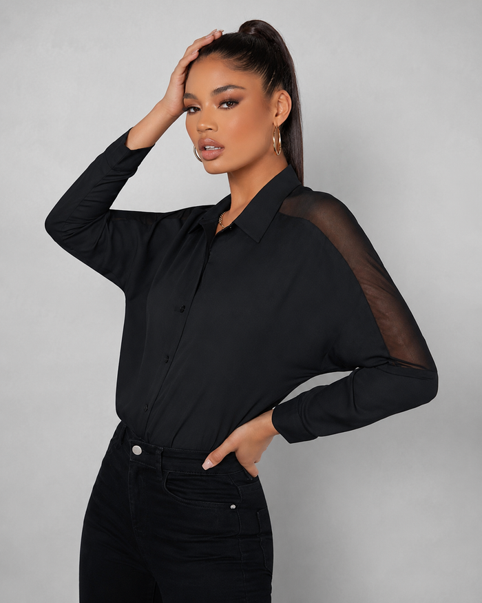 Women’s Black Sheer Sleeve Button Blouse – SHEIN Fast Delivery in 5 Days