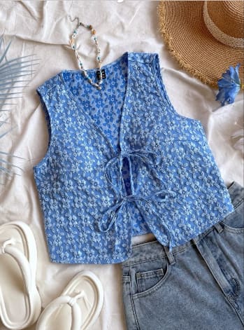 Women’s Blue Floral Tie-Front Sleeveless Top – SHEIN Fast Delivery in 5 Days