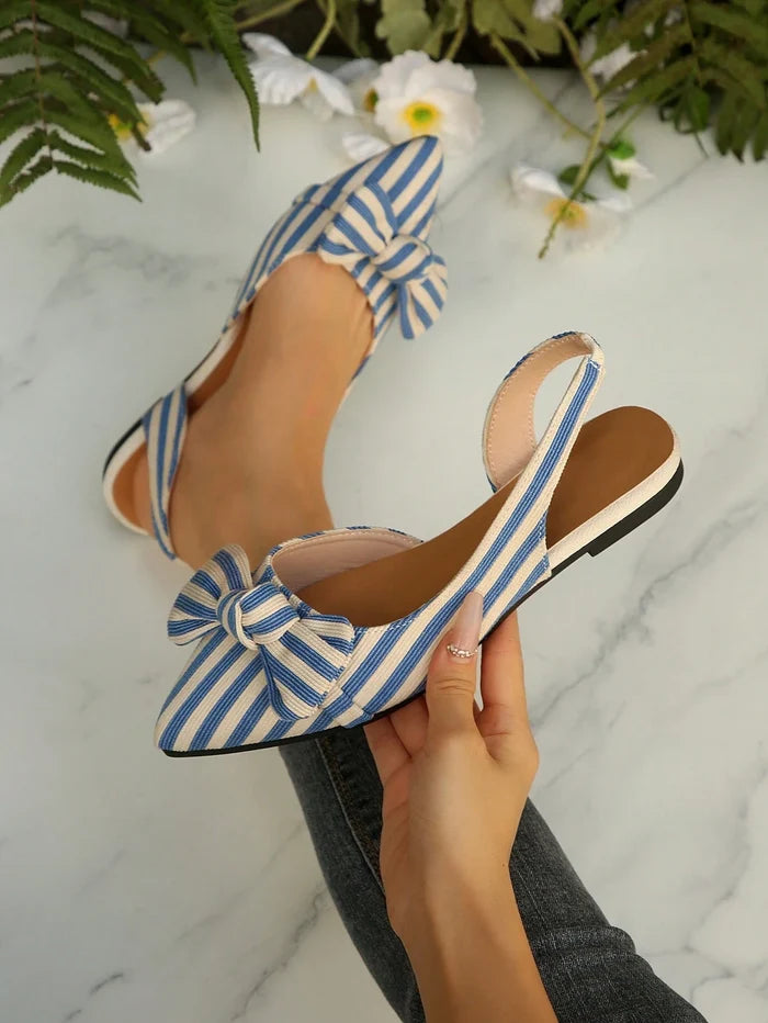 Women’s Blue Striped Slingback Flats – Pointed Toe Bow Detail – Casual Chic Summer Shoes