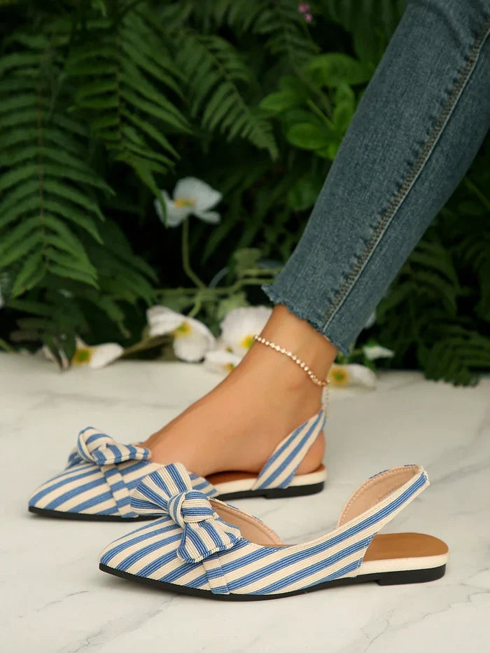 Women’s Blue Striped Slingback Flats – Pointed Toe Bow Detail – Casual Chic Summer Shoes