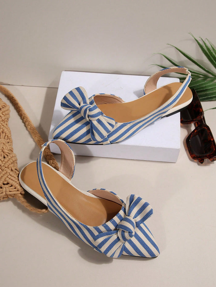Women’s Blue Striped Slingback Flats – Pointed Toe Bow Detail – Casual Chic Summer Shoes