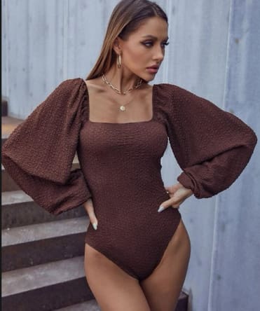 Women’s Brown Puff Sleeve One Piece Swimsuit – Size M – SHEIN Fast Delivery in 5 Days