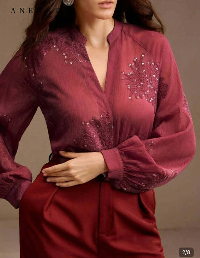 Women’s Burgundy Embroidered Blouse – SHEIN Fast Delivery in 5 Days