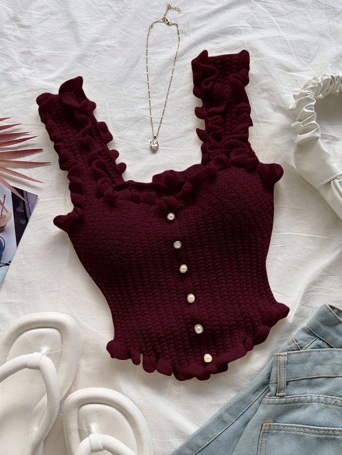 Women’s Burgundy Ruffle Knit Crop Tank Top