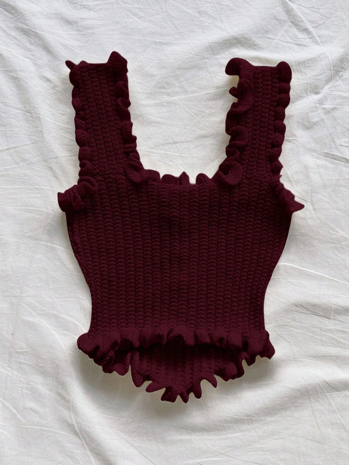 Women’s Burgundy Ruffle Knit Crop Tank Top