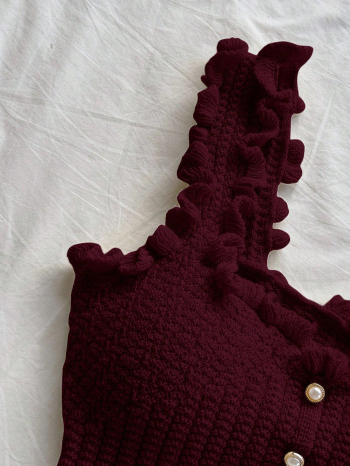 Women’s Burgundy Ruffle Knit Crop Tank Top