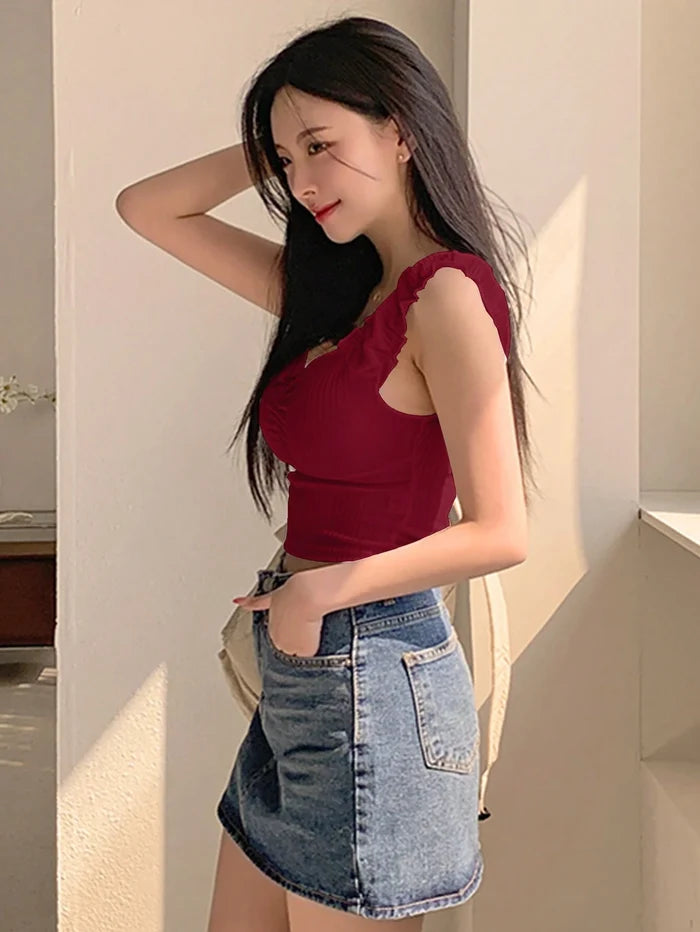 Women’s Burgundy Ruffle Strap Ruched Crop Top