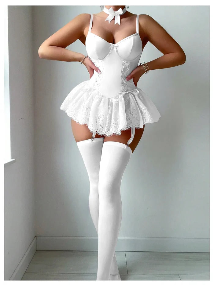 Women's Cute Lace Babydoll Garter Lingerie Dress with Stockings Set Valentine's Day Gift Party Wear Nightwear Comfy