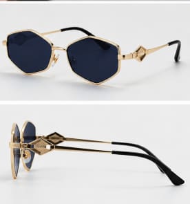 Women’s Geometric Sunglasses – Gold Metal Frame with Dark Blue Lenses – Chic Fashion Eyewear