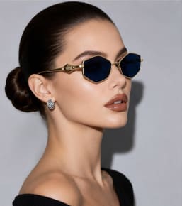 Women’s Geometric Sunglasses – Gold Metal Frame with Dark Blue Lenses – Chic Fashion Eyewear