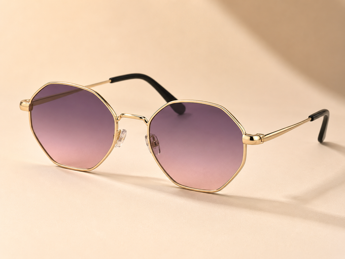 Women’s Geometric Sunglasses – Gold Metal Frame with Purple Gradient Lenses – Chic Fashion Eyewear