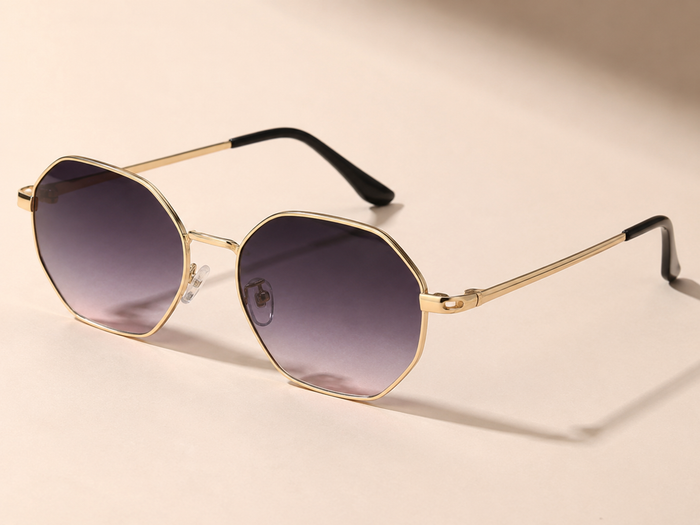 Women’s Geometric Sunglasses – Gold Metal Frame with Purple Gradient Lenses – Chic Fashion Eyewear