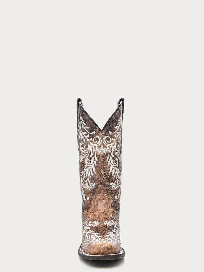 WOMEN'S GLOW IN THE DARK WHITE FEATHERED FLORAL EMBROIDERY BROWN SQUARE TOE COWBOY BOOT
