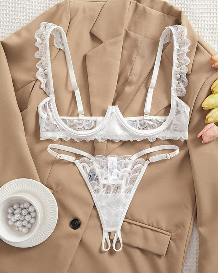 Women's Lace Sexy Underwire Spaghetti Straps Adjustable Bra and Open Crotch Design Thong Set