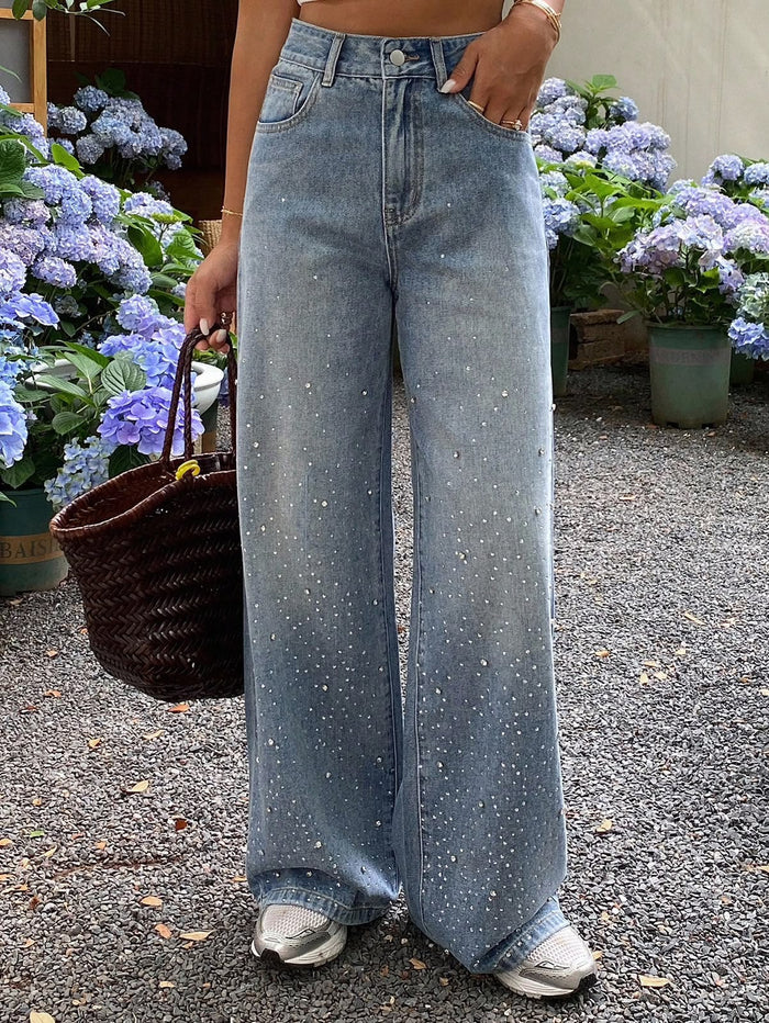Women’s Light Wash Rhinestone Wide Leg Jeans – SHEIN Fast Delivery in 5 Days