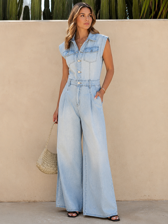Women’s Light Wash Sleeveless Denim Jumpsuit