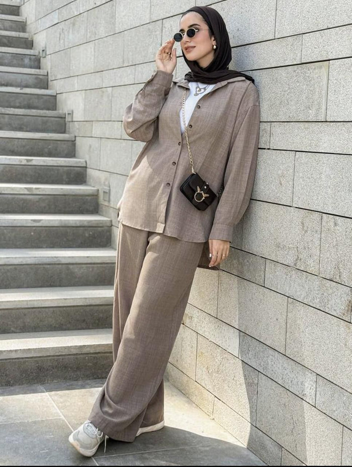 Women’s Modest Two-Piece Set – Taupe Button-Up Overshirt & Wide Leg Pants – Casual Chic Outfit