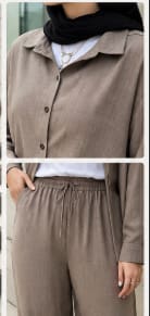 Women’s Modest Two-Piece Set – Taupe Button-Up Overshirt & Wide Leg Pants – Casual Chic Outfit