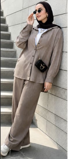 Women’s Modest Two-Piece Set – Taupe Button-Up Overshirt & Wide Leg Pants – Casual Chic Outfit