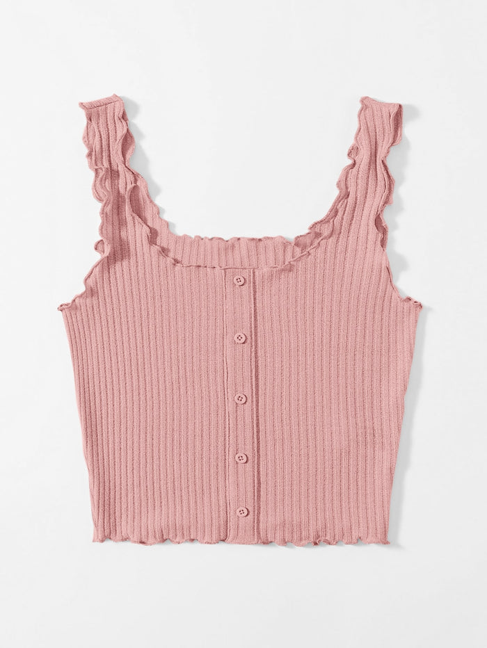 Women’s Pink Ribbed Ruffle Strap Button Tank Top