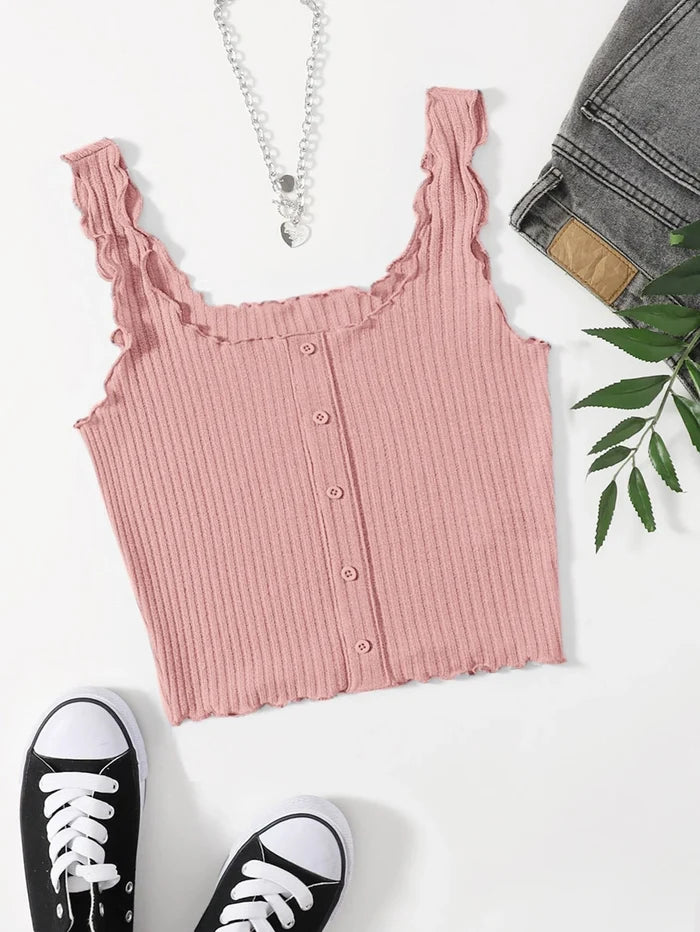Women’s Pink Ribbed Ruffle Strap Button Tank Top