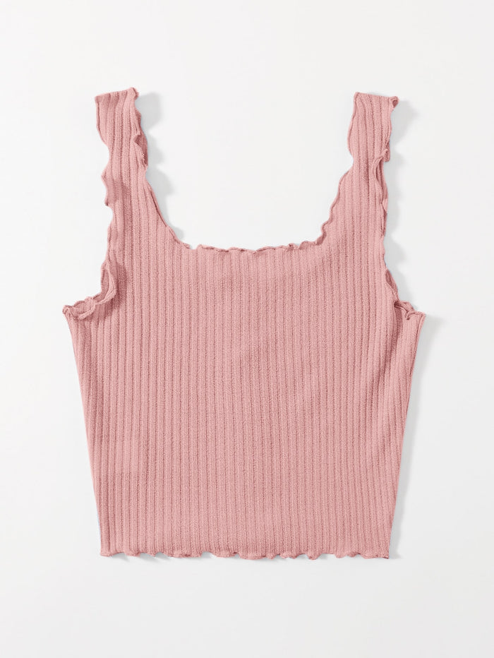 Women’s Pink Ribbed Ruffle Strap Button Tank Top