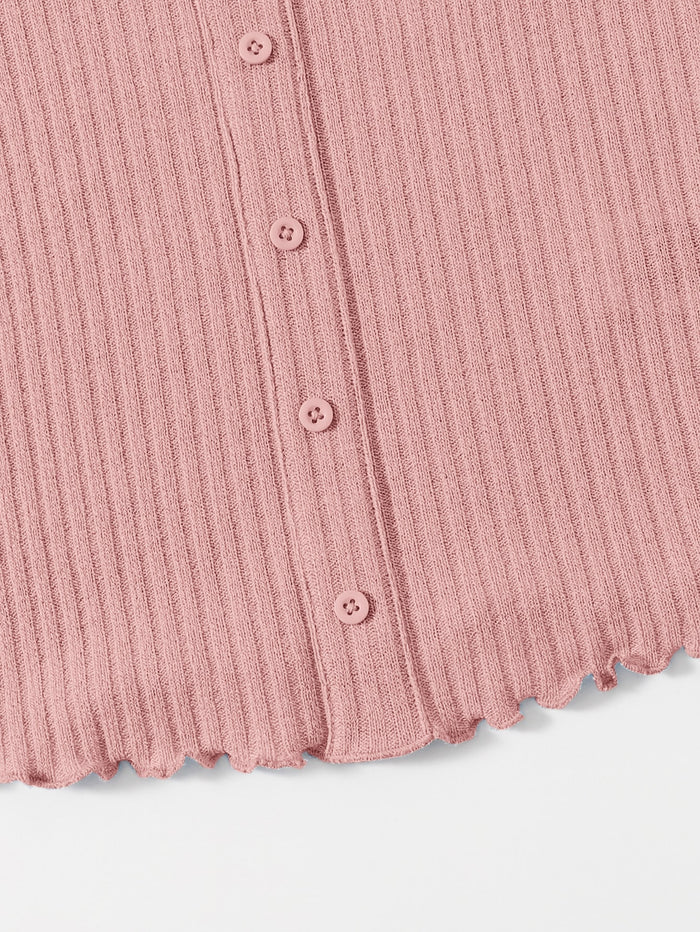 Women’s Pink Ribbed Ruffle Strap Button Tank Top