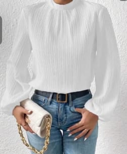 Women’s Pleated High Neck Blouse – Long Sleeve Elegant Top with Balloon Sleeves