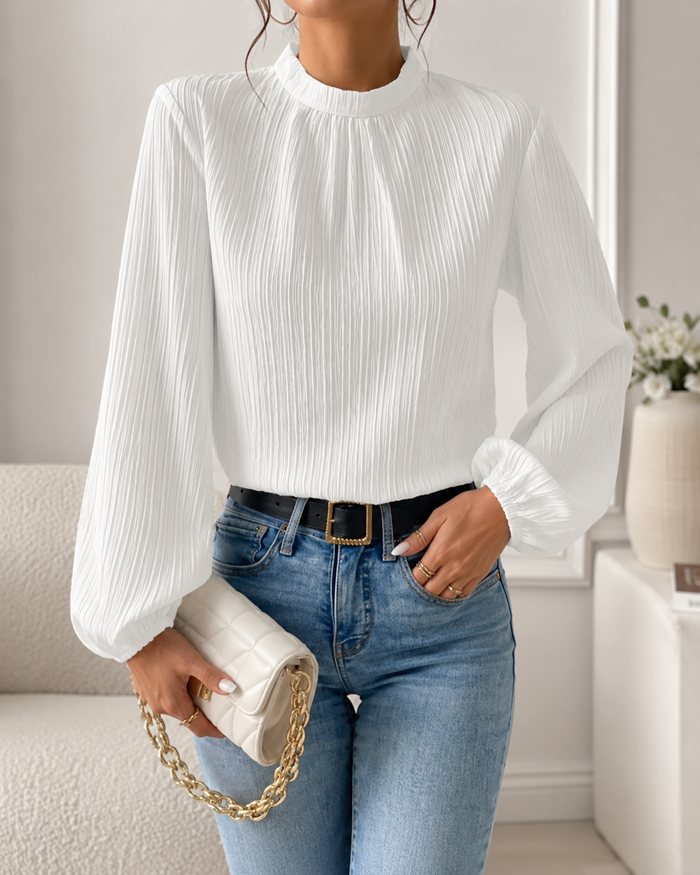 Women’s Pleated High Neck Blouse – Long Sleeve Elegant Top with Balloon Sleeves