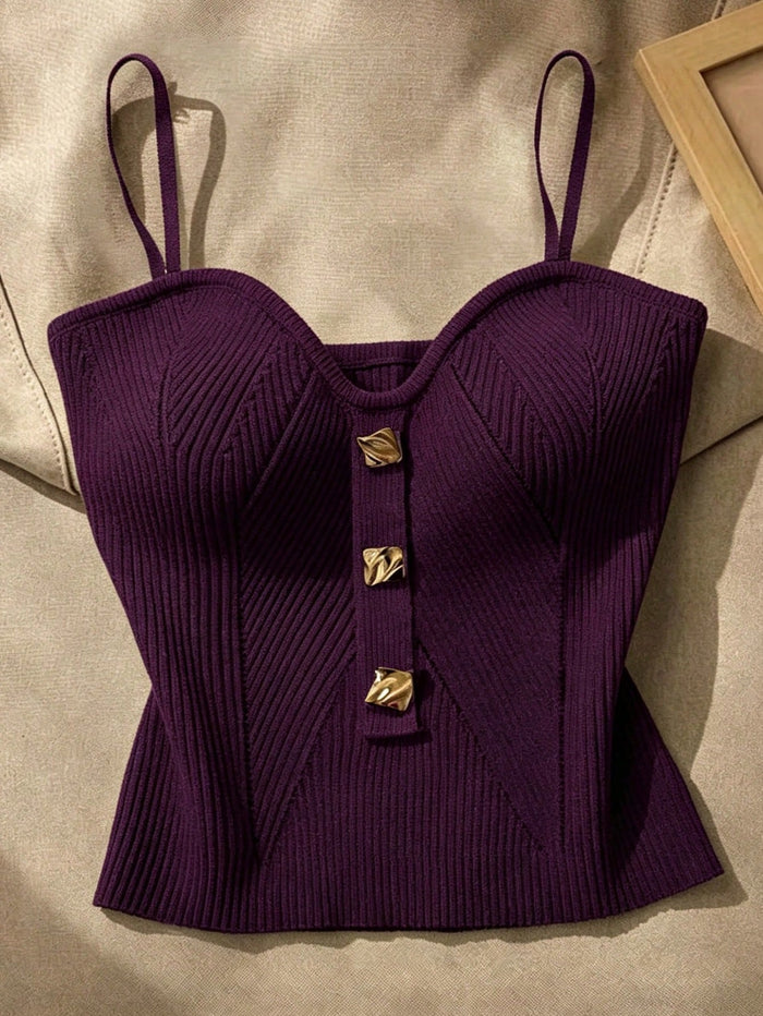 Women’s Purple Ribbed Knit Gold Button Cami Top