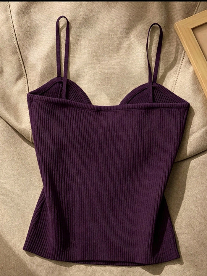 Women’s Purple Ribbed Knit Gold Button Cami Top