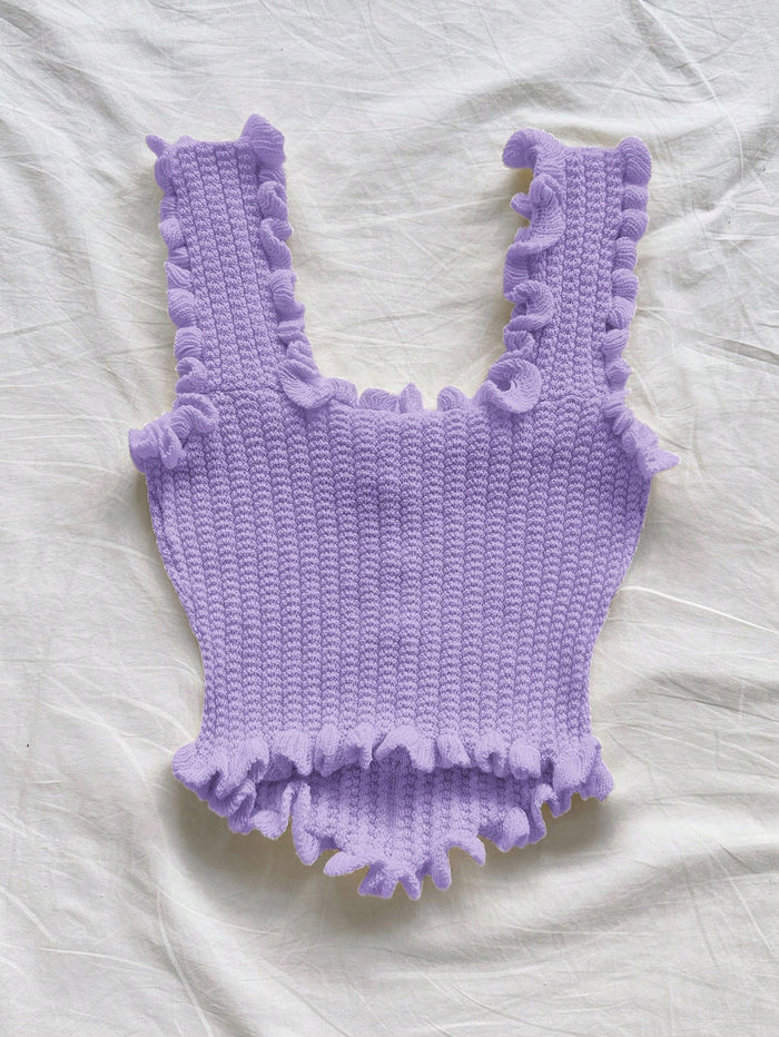 Women’s Purple Ruffle Knit Crop Tank Top